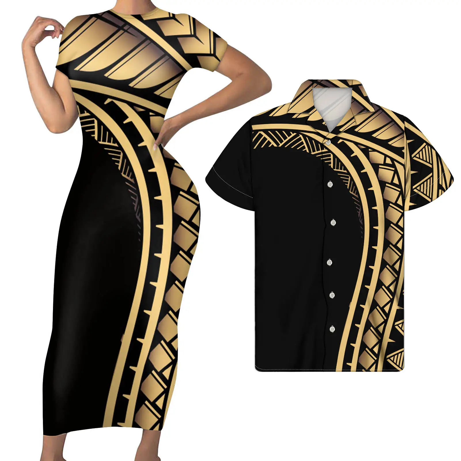 Custom Gouden Strepen Paar Pak Polynesische Patroon Vrouwen Voor Club Jurk Lange Met Shorts Mouw Match Mannen Shirts Plus Size