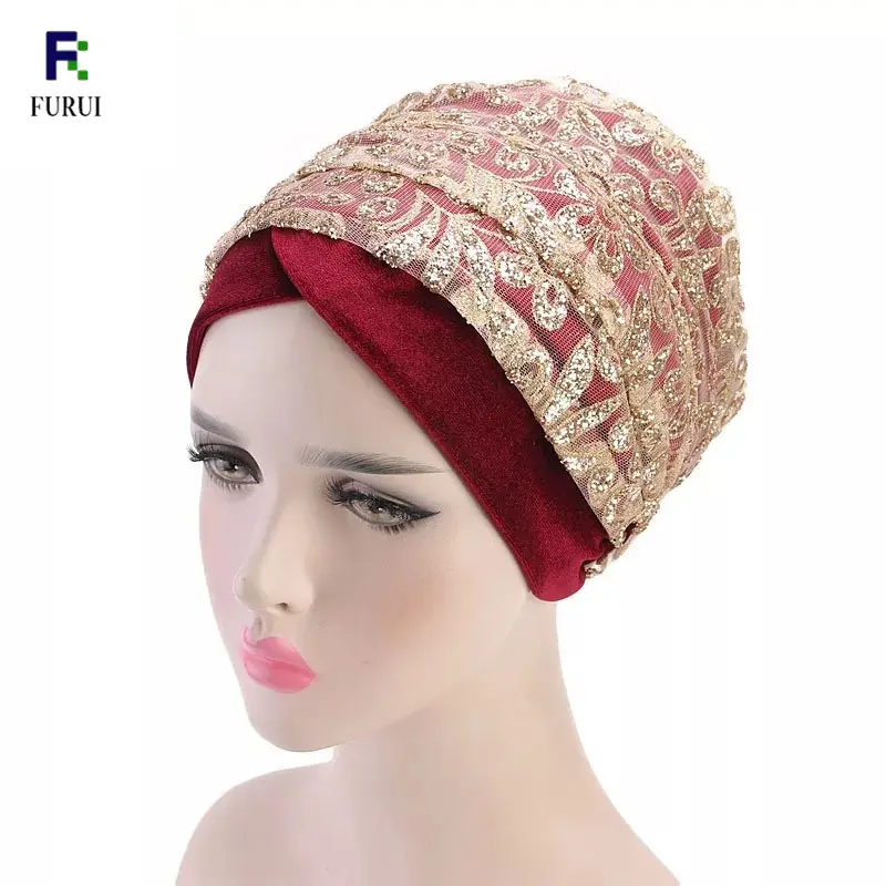 Jolie turban en velours pour femme musulmane, hijab en dentelle dorée, foulard, bandana, nouvelle collection