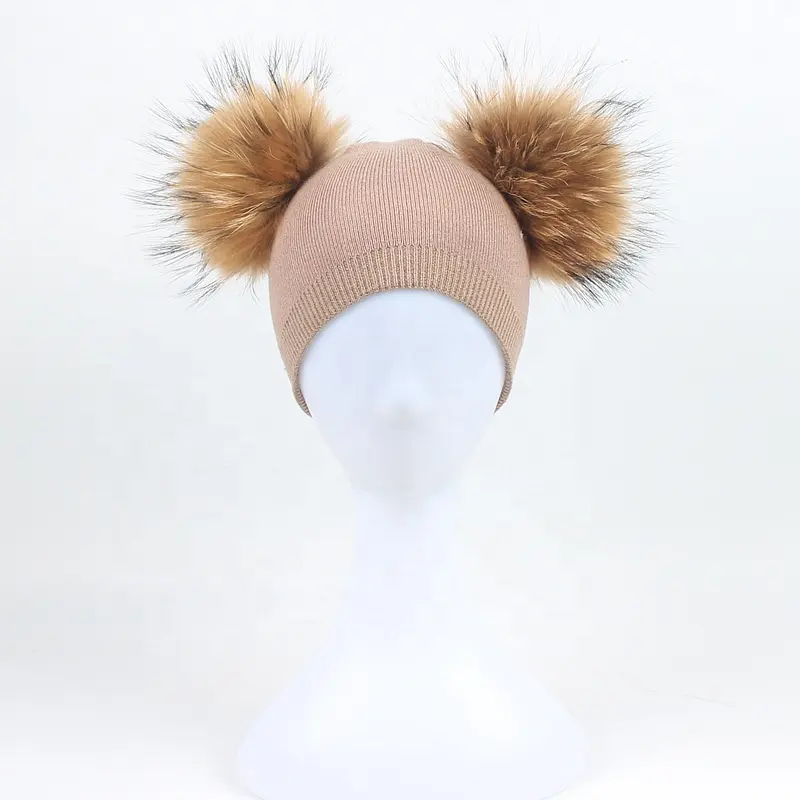 Sombrero de doble bola para niños, sombrero con capucha de Bola de Pelo de mapache para bebé, para otoño e invierno, lana para exteriores, gorro de punto cálido