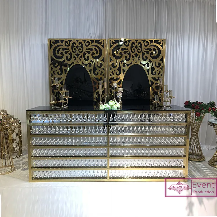 Mesa de muebles para eventos de boda, mesa de bar de cristal dorado, efecto de llama, Comercial