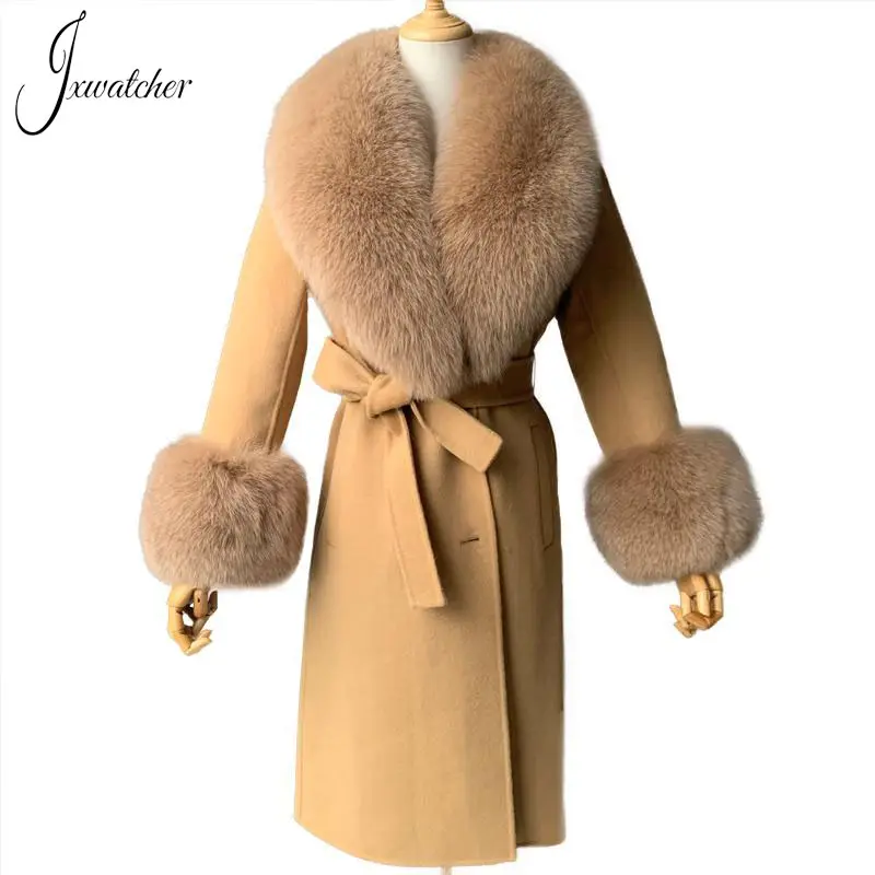 European Handmade Sew Mongolia Fur Real Fox Fur Collar Belt Design Slim Fit Long Cashmere Coat Winter Women Fashion Wool Coat