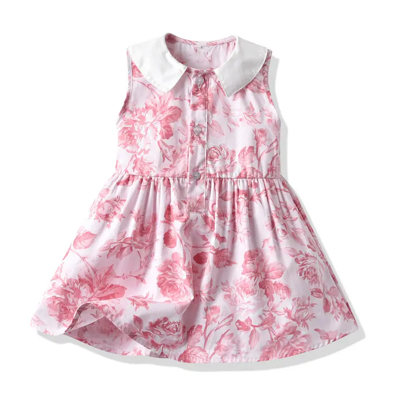 Vestido de algodão sem mangas para meninas, novo estampado casual infantil de primavera e verão, chiffon estampado de desenho animado, reto e de crochê para meninas