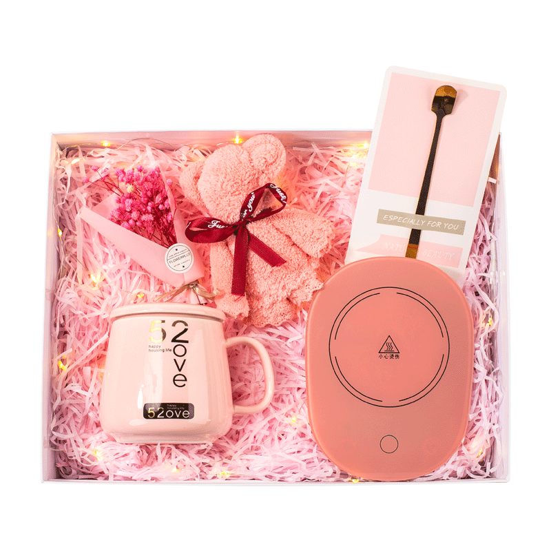Pink-Heating cup with spoon+flower+towerl bear