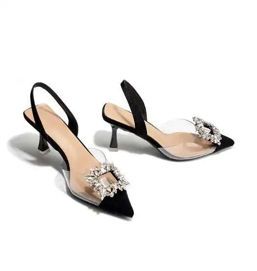Sandalias de tacón fino con hebilla cuadrada transparente para mujer, zapatos de tacón alto con diamantes de imitación puntiagudos