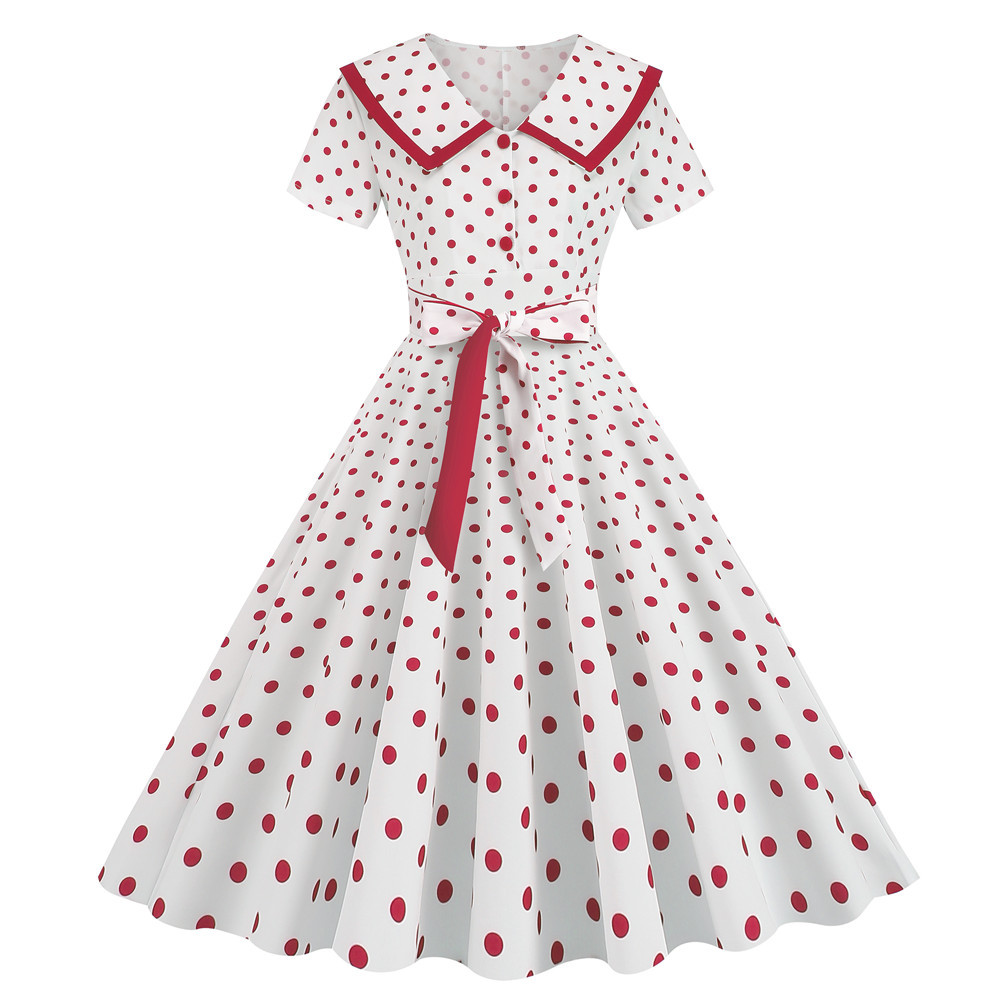Colletto rovesciato abiti Vintage a pois da donna estate anni '50 anni '60  eleganti con bottoni a manica corta abito da festa Midi