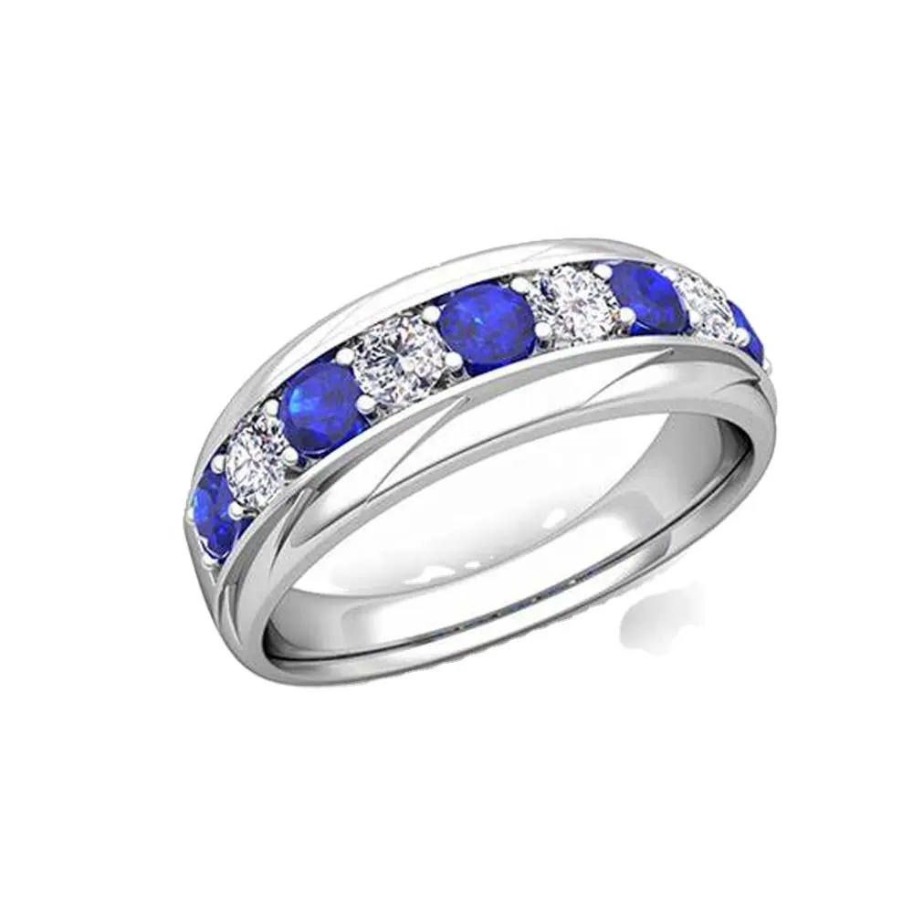 Gioielli di lusso blu e bianco CZ Channel Set zaffiro anello Semi-eternità anello da uomo in argento Sterling 925 fidanzamento gioielli da sposa