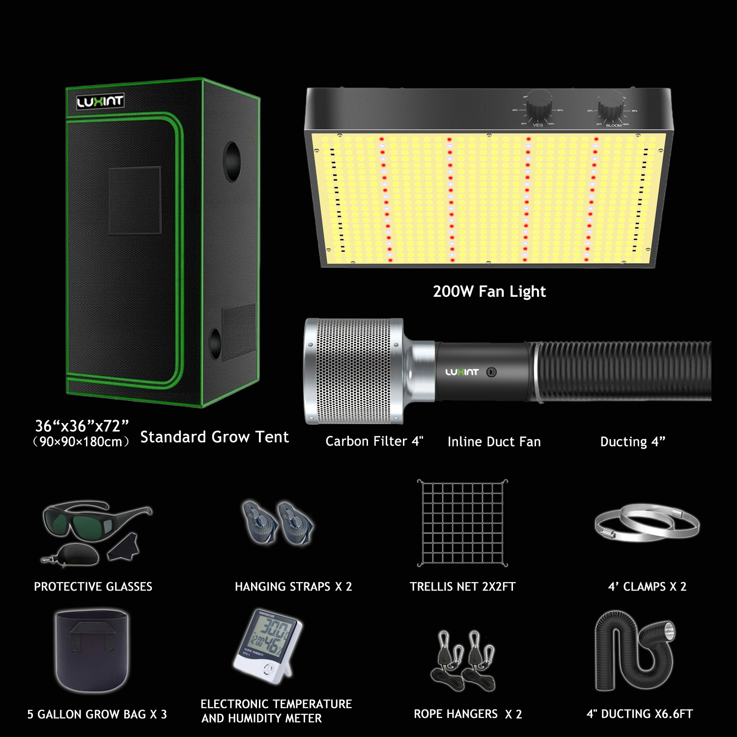 Kit tenda 3x3ft + lampada da coltivazione 200W + ventilatore per condotti