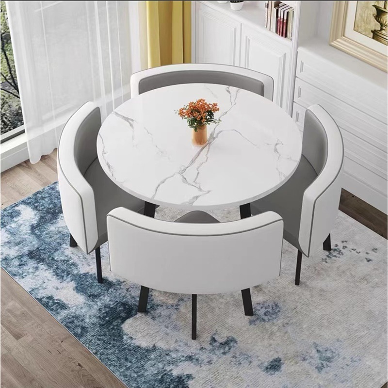 Tavolo rotondo con motivo floreale + pelle grigio chiaro e bianca