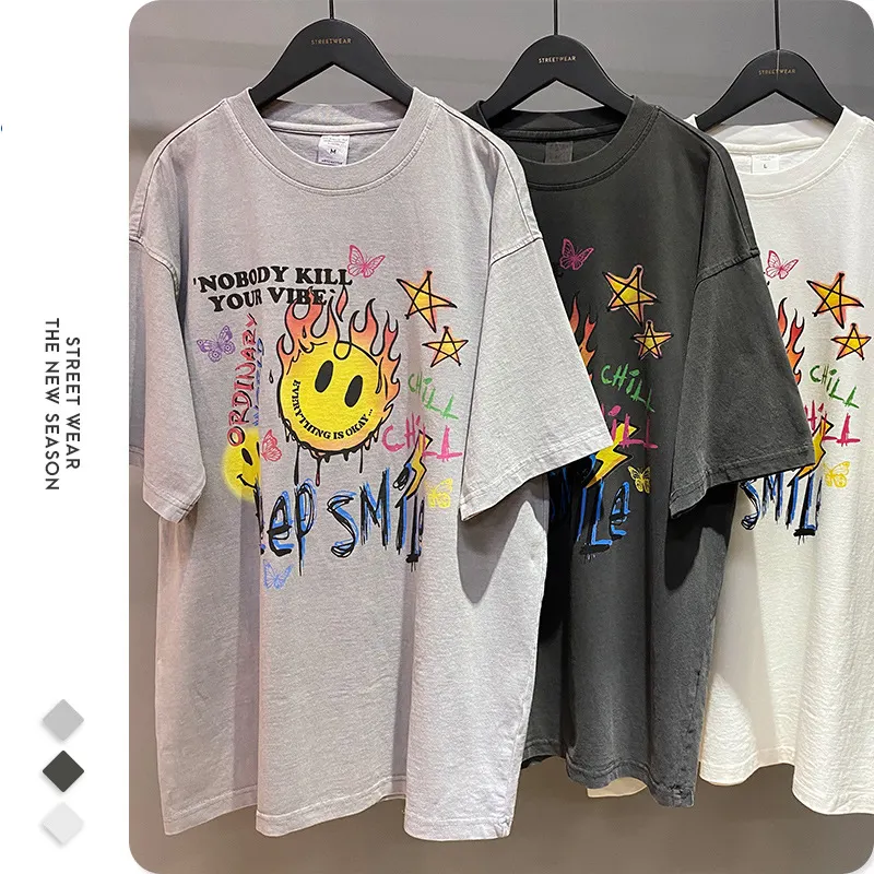 Smile Graffiti Designer Print Tee Wassen Vrouwen Mannen T-shirt Batik Wit En Vintage Unisex Half Mouwen Oversized T-shirts