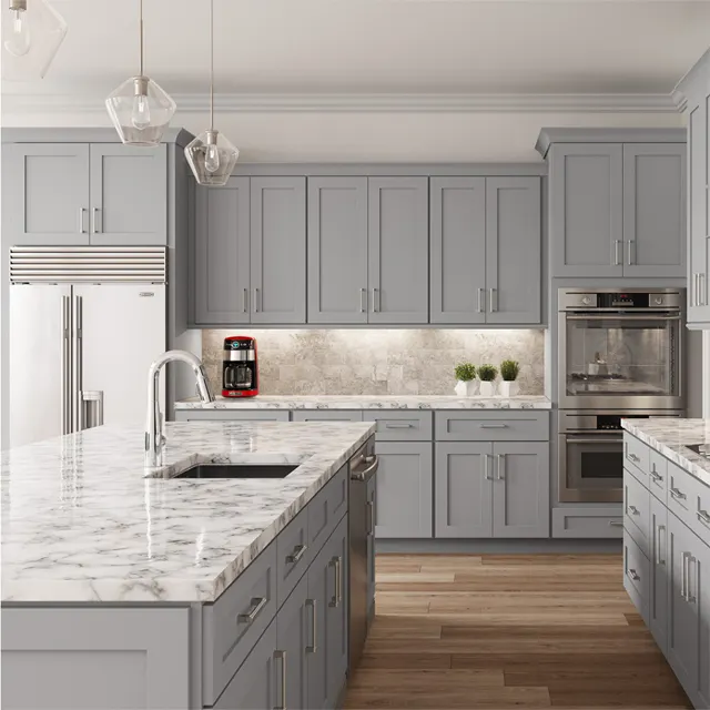 Coctelera gris claro con marco de estándar americano, armarios de cocina de madera sólida modernos