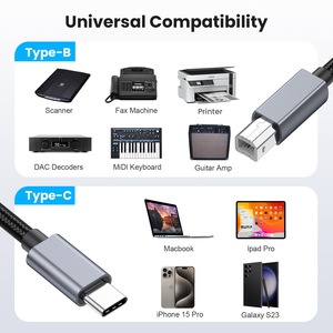 尼龙编织USB 2.0至C型电缆，带聚氯乙烯护套，与打印机MIDI键盘DJ控制器iPad Pro-Black兼容 - Product Image 6