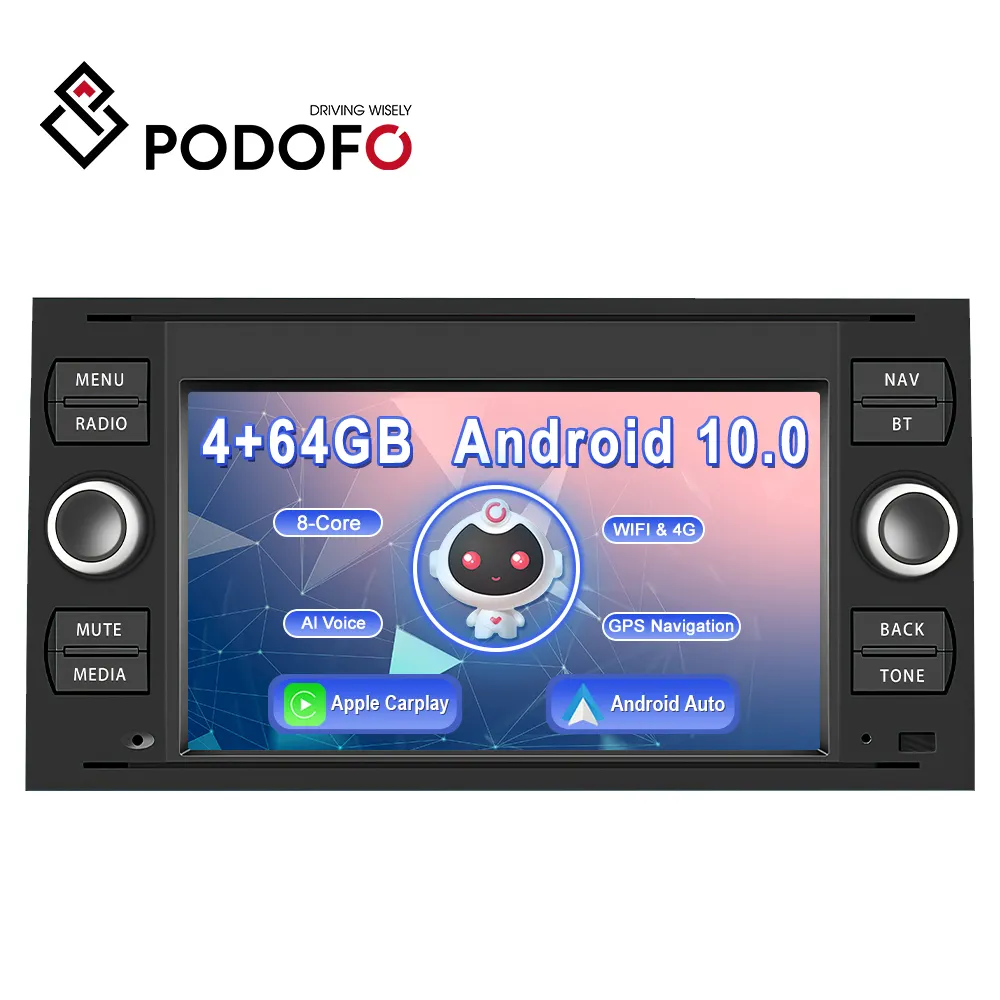 Podofo 8 Core 4 + 64GB Carplay Android 13 autoradio 2 Din 7 ''IPS Android Auto/AI/GPS/Wifi/4G/DSP/EQ per Ford Transit/Fiesta/Focus