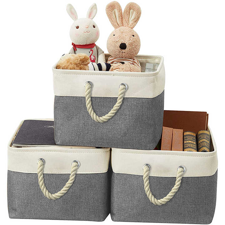 3 Pack Rectangular Canvas Kids Baskets Folding Cotton Fabric Laundry Storage Basket Bins