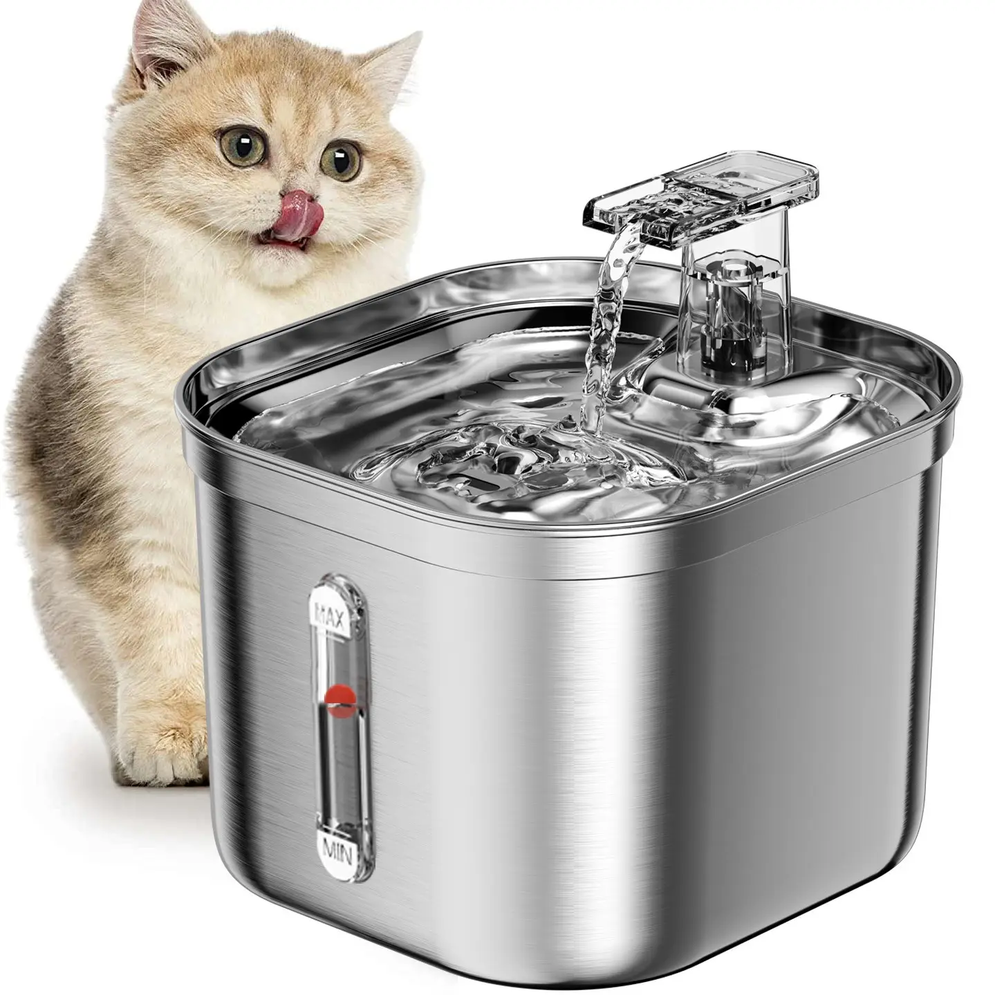 Fuente de acero inoxidable para gatos con marca de nivel de agua dispensador automático de agua para gatos 2.2L fuente de agua con bomba ultrasilenciosa para gatos domésticos