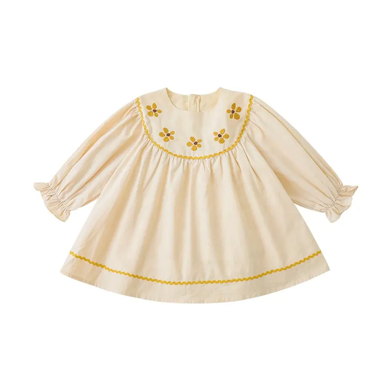 Venta al por mayor personalizado 100% algodón barato vestido de bebé niñas para niñas pequeñas bordado lindo vestido de manga larga niñas 10 años