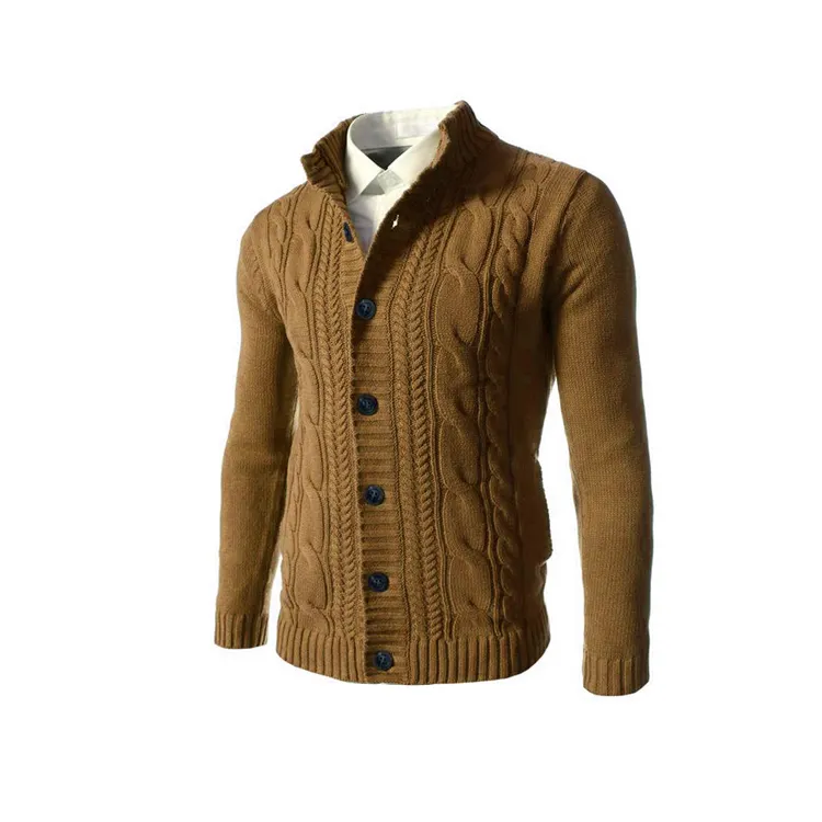 Cárdigan clásico de punto para hombre, abrigo de algodón personalizado, grueso, Color sólido, cuello alto, moda