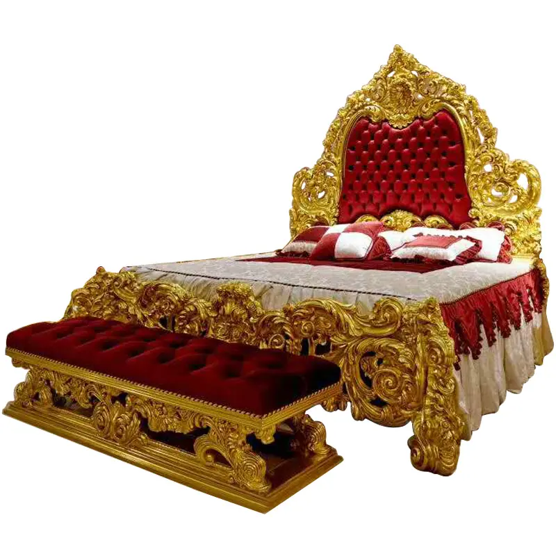 Camera da letto rossa placcata in oro intagliato a mano in stile barocco reale italiano Set letto da sposa romantico di design di lusso (FDB6181)