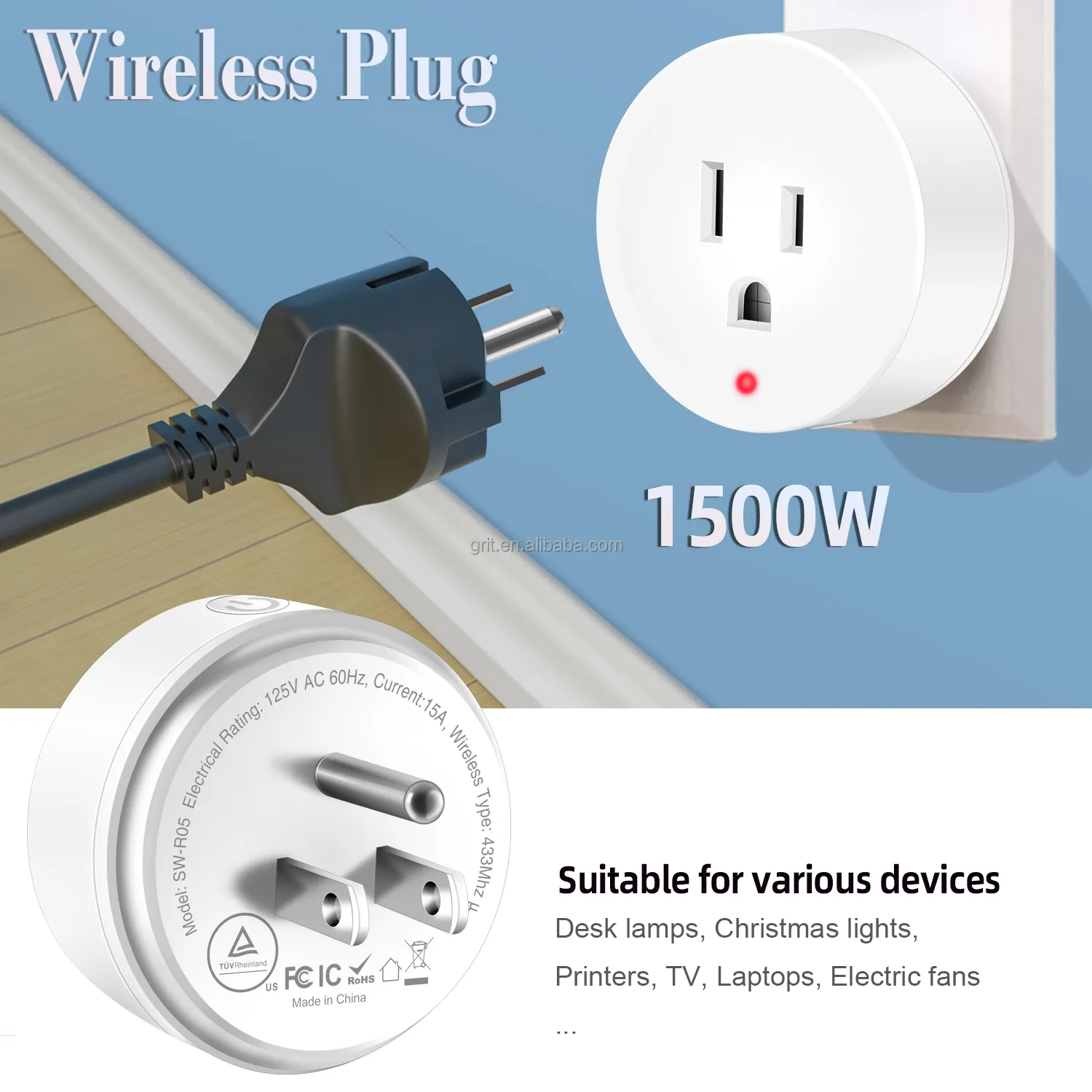 Tomada de controle remoto sem fio 15A com certificação UL, 100 pés de alcance RF, anti-surto, interruptor de luz de parede IP66 4000V anti-surto