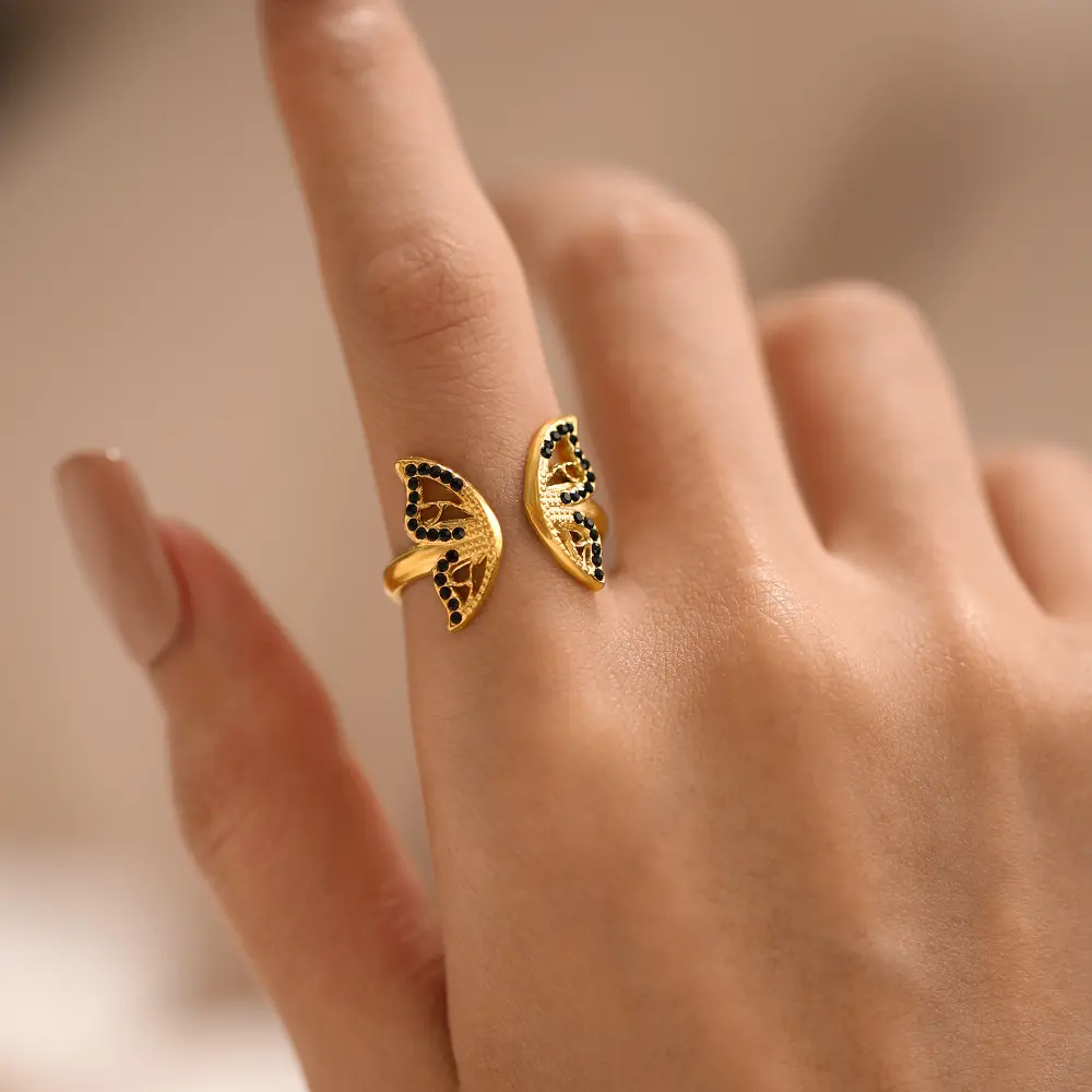 Anillos Para Mujeres de moda, venta al por mayor de China, anillo ajustable de acero inoxidable, anillos de mariposa chapados en oro, joyería para mujer