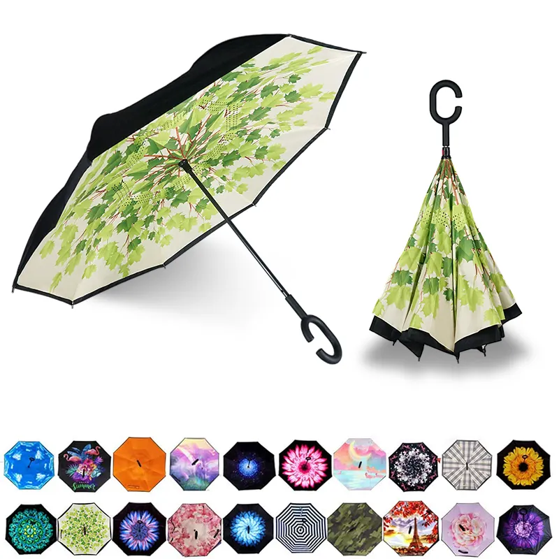 도매 사용자 정의 C 핸들 방풍 역 반전 우산 더블 레이어 49 "아크 거꾸로 우산 내부 우산