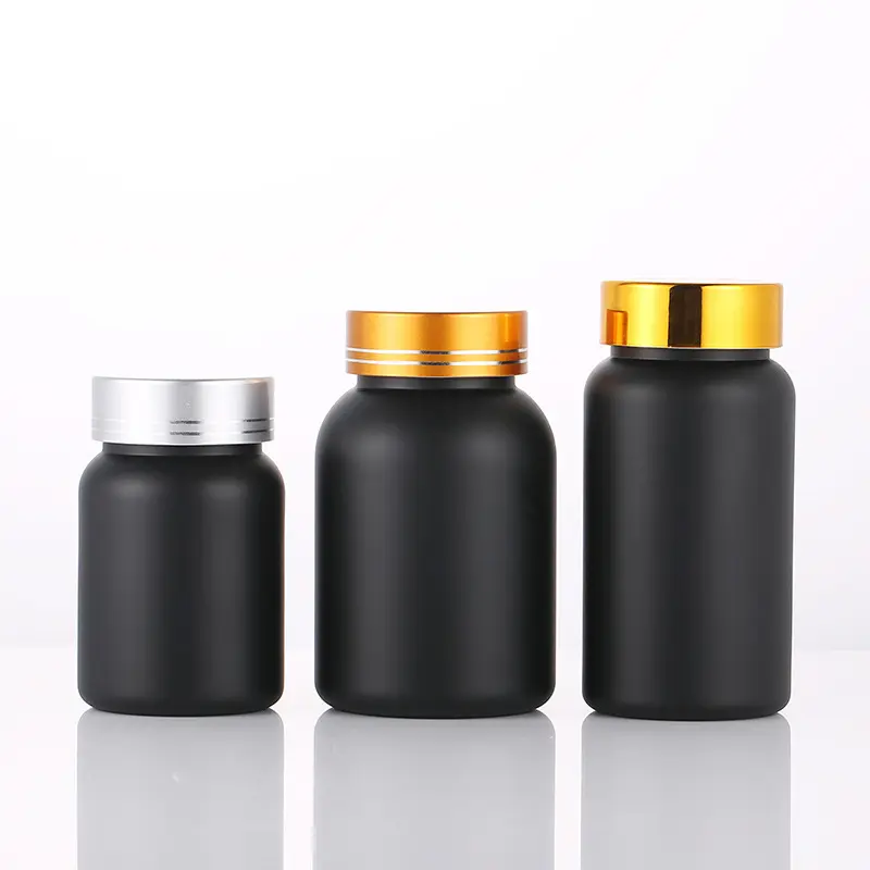 Botella médica de plástico para pastillas, cápsula de plástico con vitamina plástico, caramelo negro, 120cc y 150cc