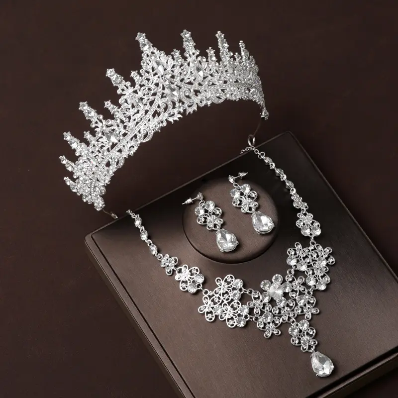 Colar de noiva coroa principal, vestido de casamento, acessórios de aniversário para cabelo, colar retrô de luxo com diamantes prateados, conjunto de três peças