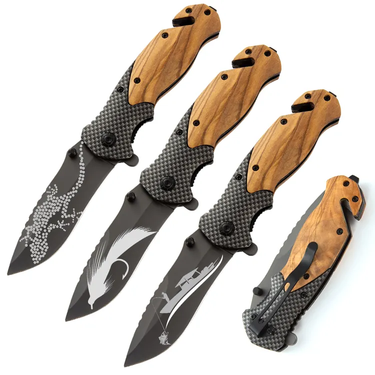 Cuchillo plegable con mango de madera de olivo X50, patrón personalizado, grabado con láser, hoja recubierta de titanio, cuchillo de bolsillo, regalo para exteriores, cuchillo EDC