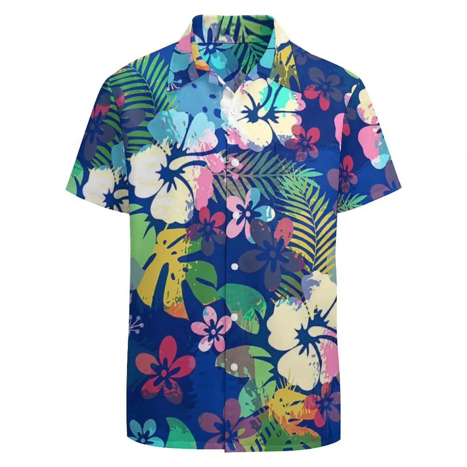 Camisa Hawaiana para vacaciones en la playa para hombre, flor de hibisco colorida, ropa de manga corta personalizada, camisetas Polo para parejas al por mayor de fábrica