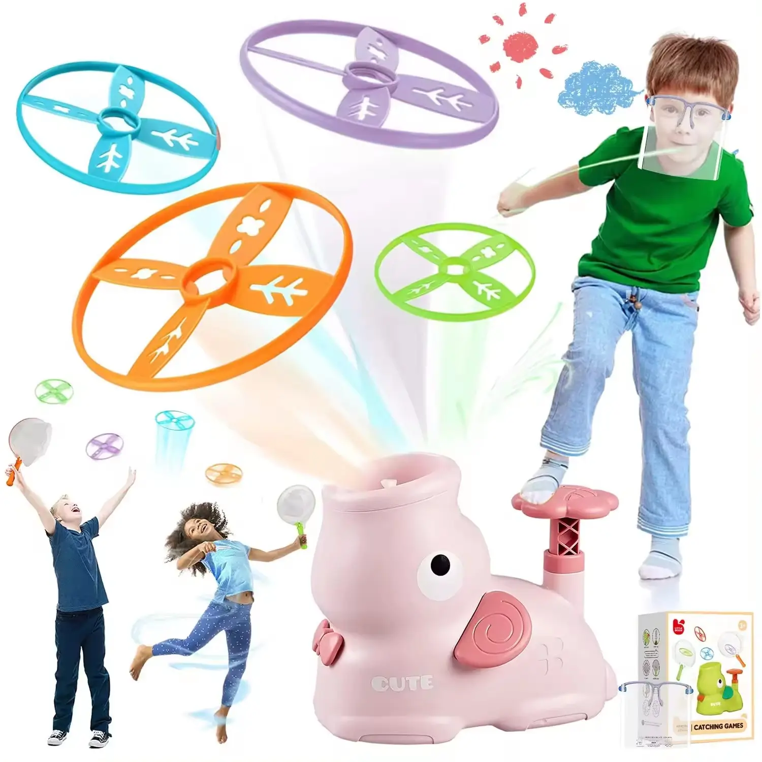 Penjualan laris mainan peluncur cakram UFO terbang LED gajah kupu-kupu menangkap permainan Pop Up mesin piring terbang untuk mainan luar ruangan anak-anak