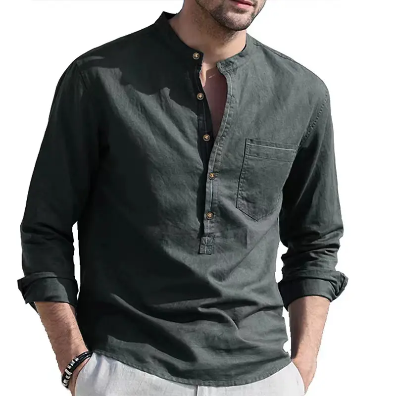 Camisa com botão meio botão para homens, camisa de linho tamanho dos eua, tecido casual para homens