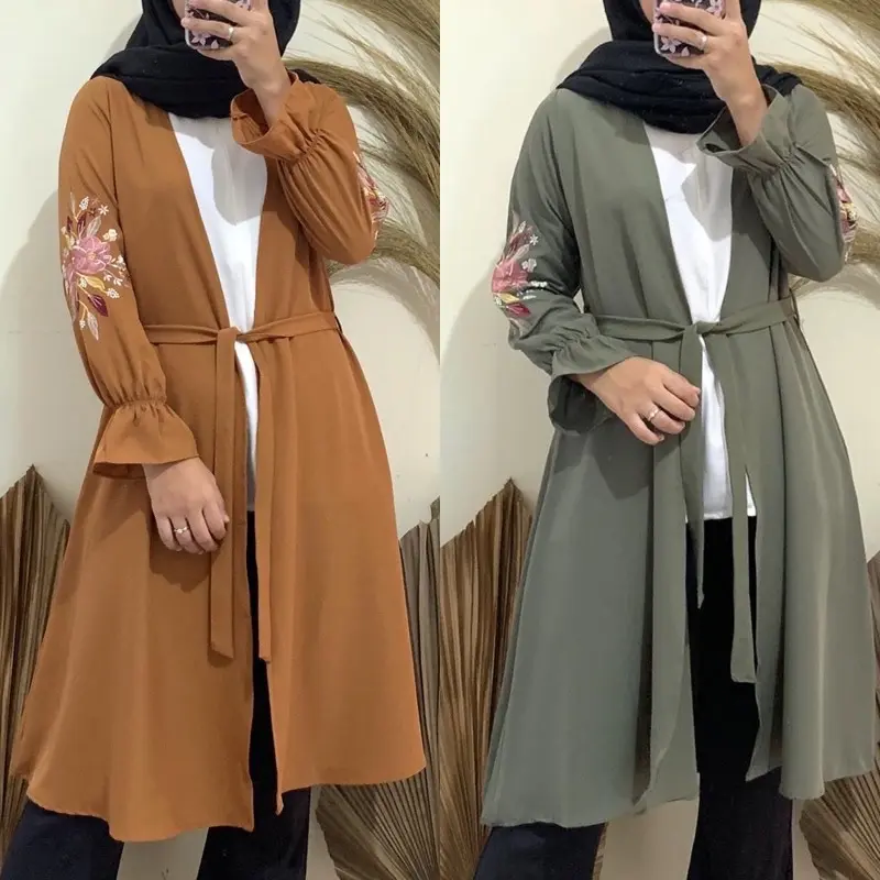 Cardigan bordado casual árabe feminino, camiseta bordada com cinto, estilo moderno, 2022
