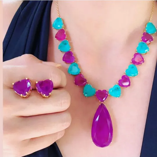 teardrop heart necklace earrings sets joias brasileiras fusion stone jewelry