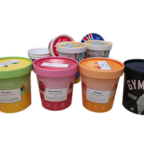 O logotipo 16oz 500ml personaliza copos de papel empilháveis impressos do gelado com tampa e colheres