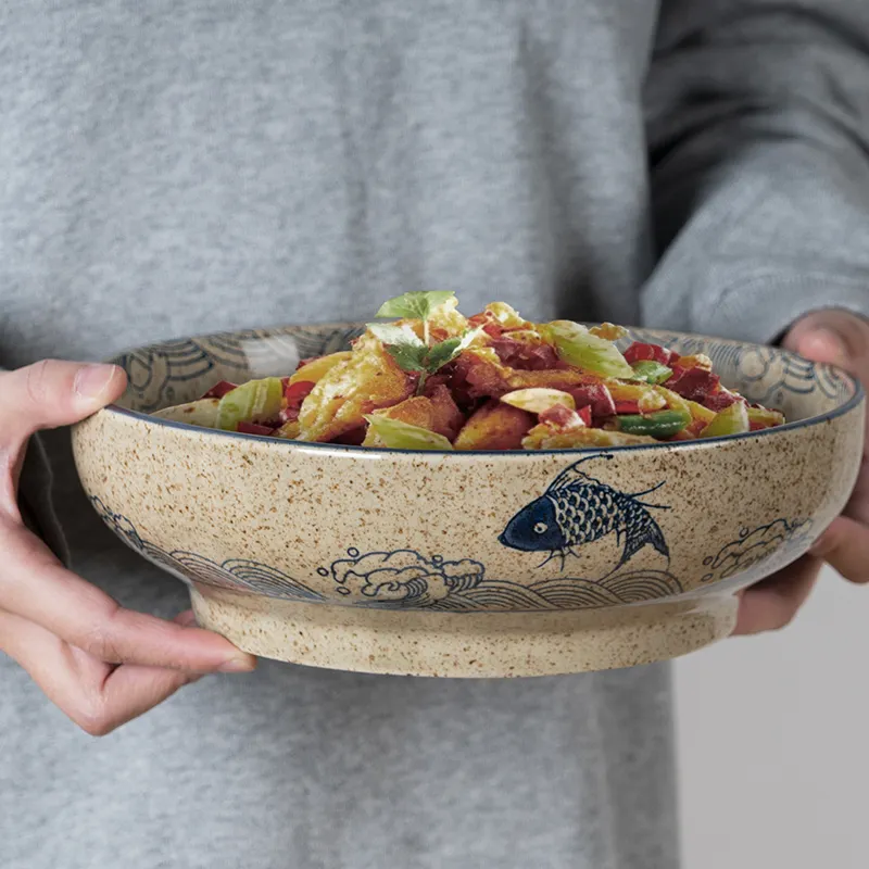 Ciotola in gres da 9 pollici in stile rustico insalatiera in ceramica per cena ciotola in ceramica giapponese per ristorante