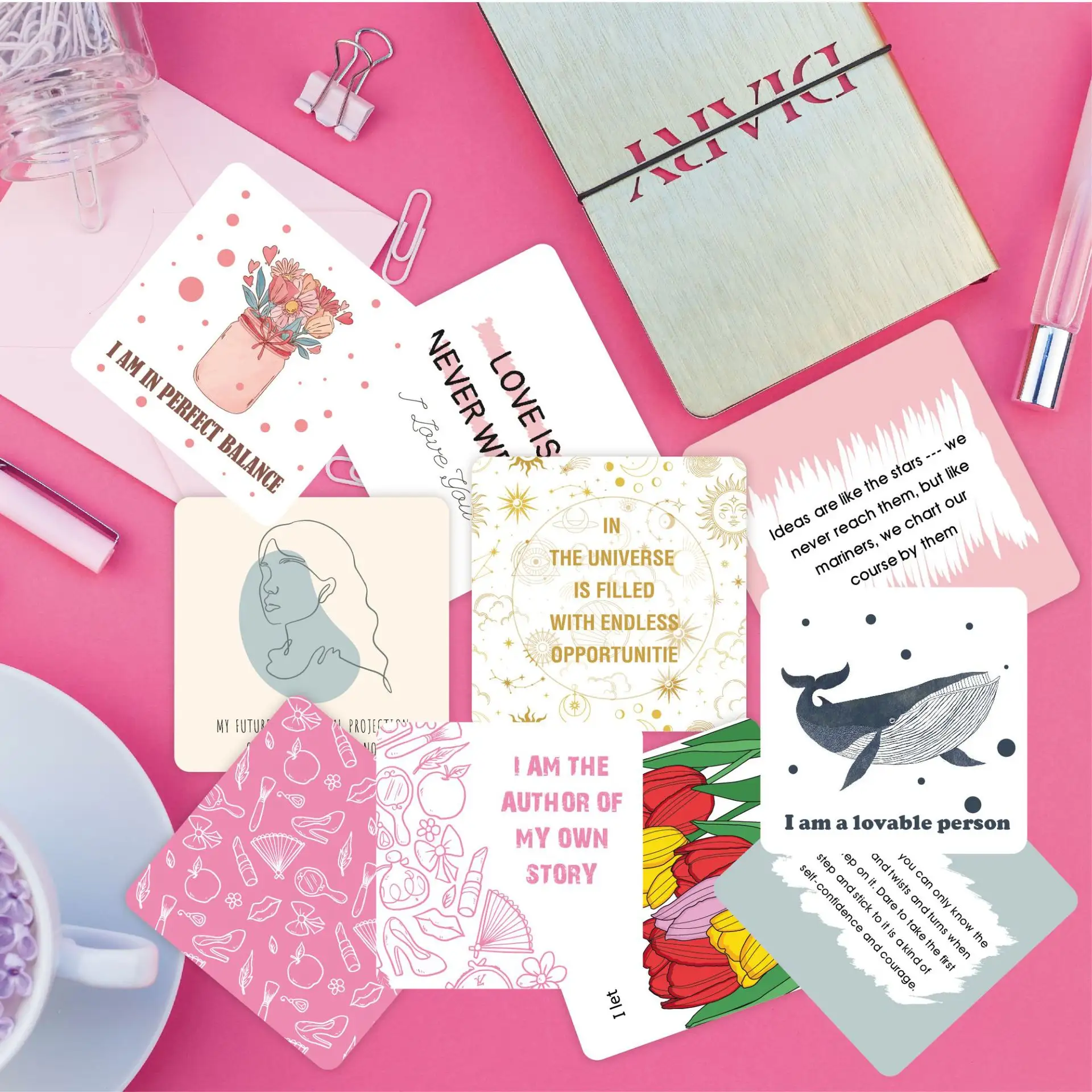 Encouragement Greeting Cards 50 European Women Affirm Positive English Cartoon Set Inspirational Paper Cardboard Cards