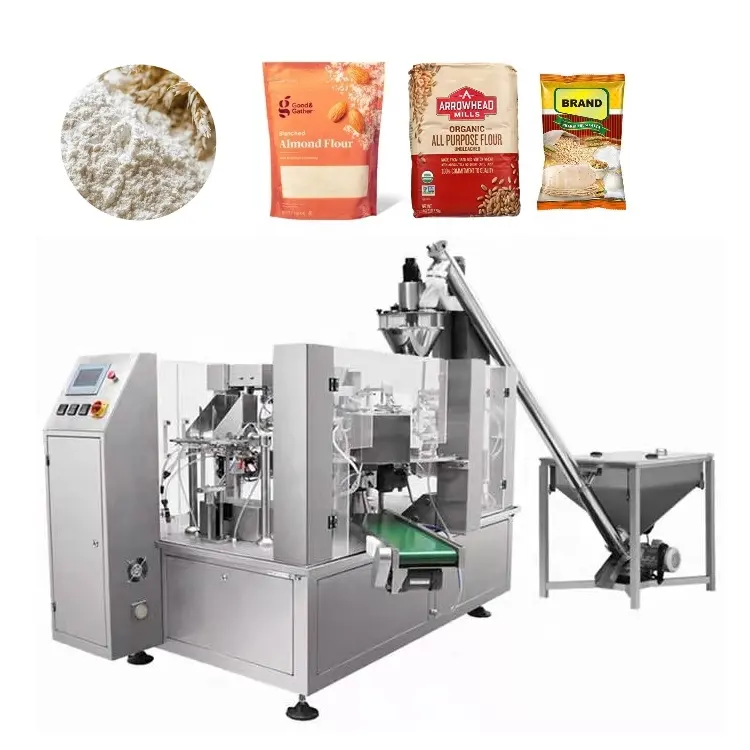 Automatische freistehende Ziplock-Beutelverpackungsmaschine für 1 und 2 kg Cassava, Mais, 50 g, 100 g und 500 g Weizenmehl Lebensmittelpulver