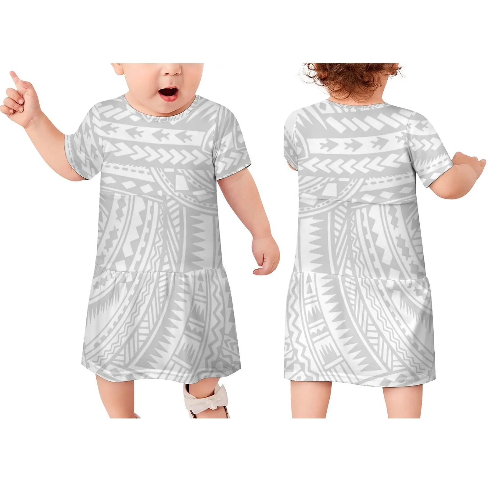 גבוהה באיכות פולינזי בגדי ילדים לבן קצר שרוול כותנה רך פעוט סמואה שבטי דפוס מתוק תינוקת שמלה