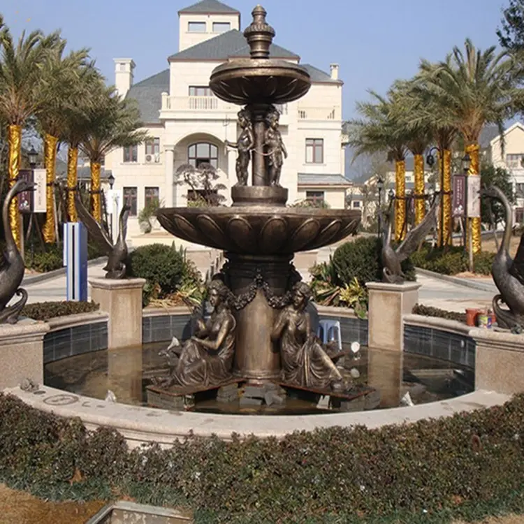 Decoraciones de jardín de artesanía de metal estatua de dama antigua fuentes de agua de jardín de bronce grande