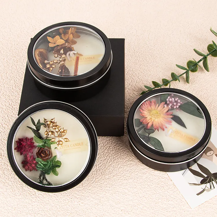 Custom private label gift box fragrance candle soy wax scented candle with dried flowers in jar