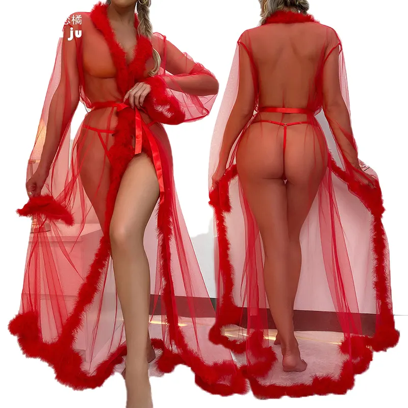 Vente en gros Cadeau Saint Valentin 2024 Pyjamas longs en maille sexy avec bords en fourrure et pyjamas en perspective sexy pour femmes Chemise de nuit longue