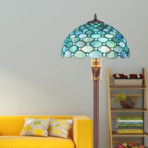 Tiffany tarzı W16 * H67 inç mavi lüks vitray zemin lambası antika bronz geleneksel inci parlak okuma elektrik