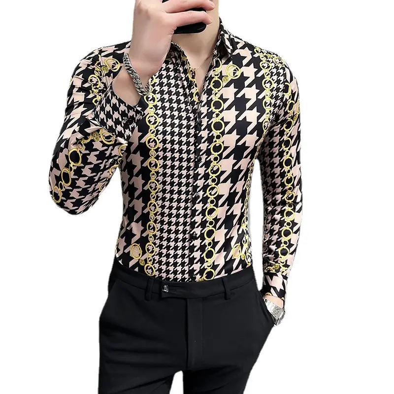 남성 빈티지 6XL 패션 부티크 프린트 캐주얼 슬림 피트 긴팔 셔츠 하이 엔드 사회 브랜드 사회 남성 클럽 댄스 파티 셔츠