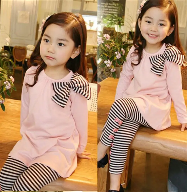 3-7 Yrs Girl Spring Clothes Long Sleeve Pink Top with Stripe Pants Two Pieces Set Girls Clothes Kids Wear Girls Clothing Sets