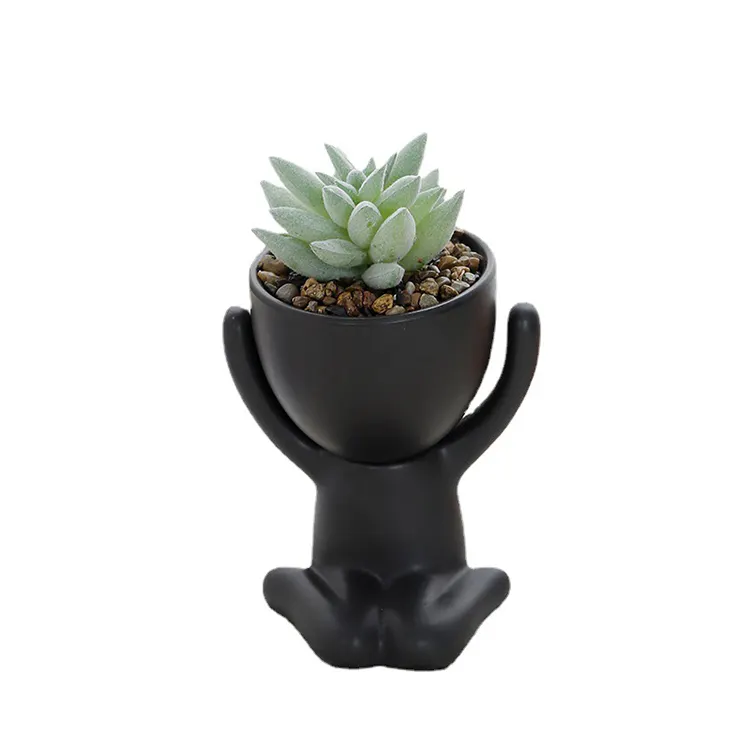 New Style Mini Human Shaped Porcelainous Garden Pots Planters Black White Small Head Pots Creative Flower Planter
