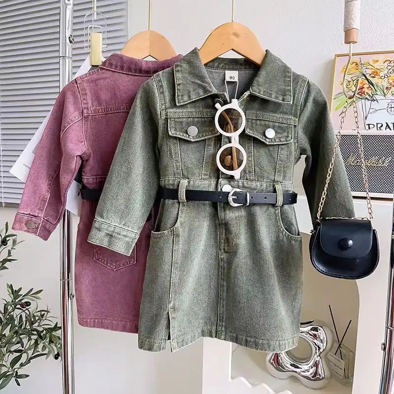 Coreano popolare 2023 autunno nuova ragazza manica lunga abito in denim boutique abbigliamento per bambini abiti da bambino con cintura