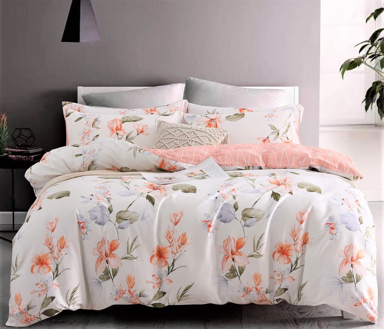Blush Pink & Blue Flowers Printed in White