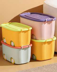 ふた付きかわいいキッズおもちゃ箱収納オーガナイザー積み重ね可能なプラスチック製おもちゃ収納ビンプレイルーム用ホイール付きカラフルなおもちゃ箱 - Product Image 4