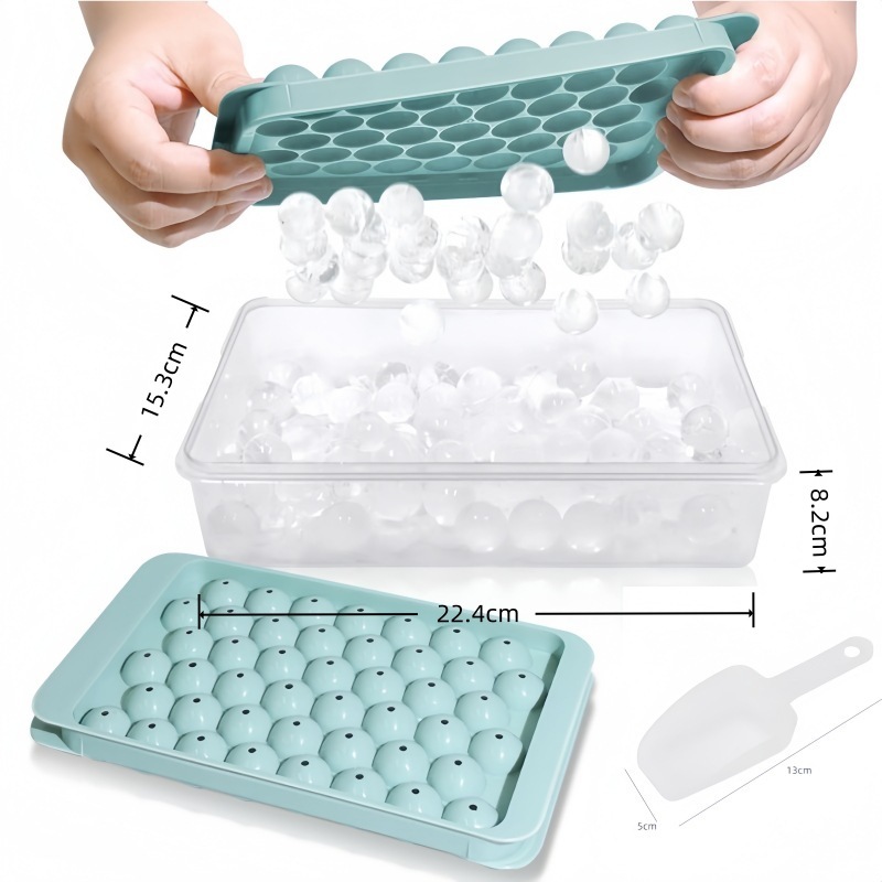 Blue*Large--ถาดน้ำแข็งทรงกลม 2 ชิ้น + กล่องน้ำแข็ง + ที่ตักน้ำแข็ง