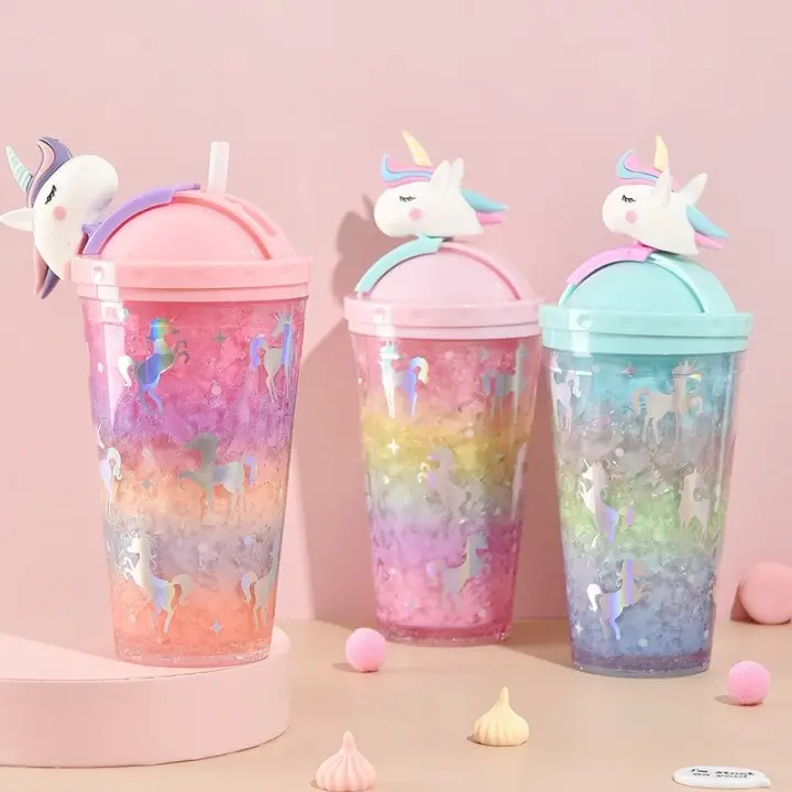 Unicorn sevimli kapaklı kupa gökkuşağı çift duvar plastik su bardağı tipi yaz bardak kupalar gıda temas güvenli fincan noel hediyesi