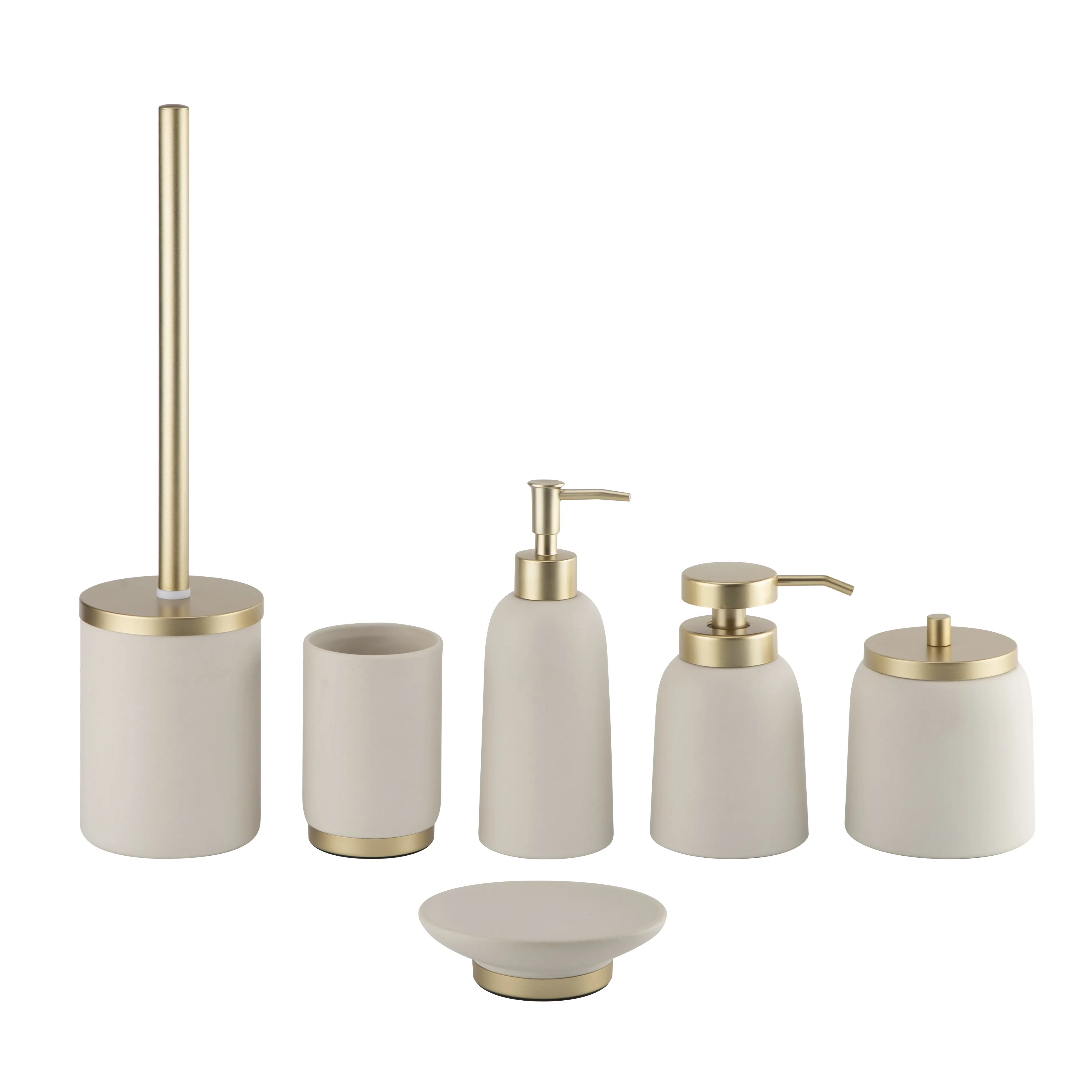 Colore crema 6 pezzi accessori per il bagno in ceramica colore bianco e oro pompa per lozione in gres bicchiere portasapone porta scopino per wc